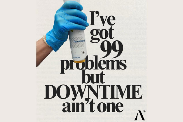 A gloved hand holds a bottle above black text that reads, “I've got 99 problems but DOWNTIME ain't one.”.