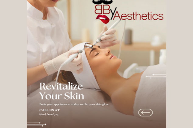 A cosmetologist uses skincare devices on a woman's face in a spa setting; text reads "Revitalize Your Skin" with contact information for BB Aesthetics and BBY Spa.