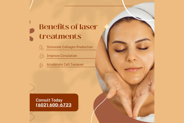 Woman receiving a facial massage, with text listing benefits of laser treatments: stimulate collagen, improve circulation, accelerate cell turnover; contact info included.