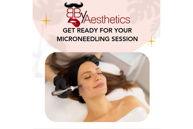 A woman receives a microneedling treatment on her face at BBY Spa, with "Get Ready for Your Microneedling Session" text above.