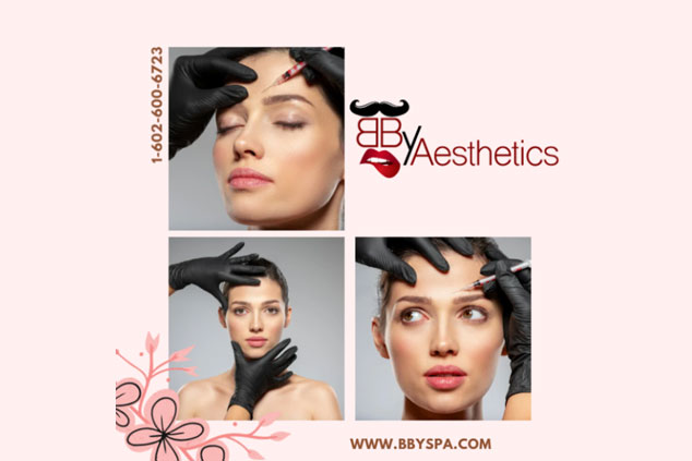 Three images show a woman receiving cosmetic injections to the face by a gloved practitioner at BBY Spa, alongside the BBY Aesthetics logo and contact information.
