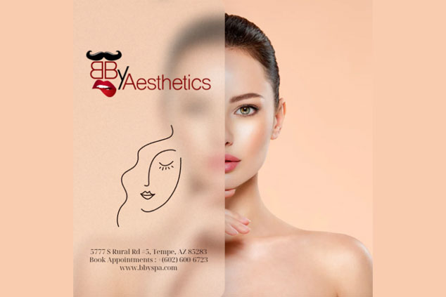 A woman with clear skin stands behind a semi-transparent panel displaying the BB Aesthetics and BBY Spa logos, contact information, and a minimalist face illustration.