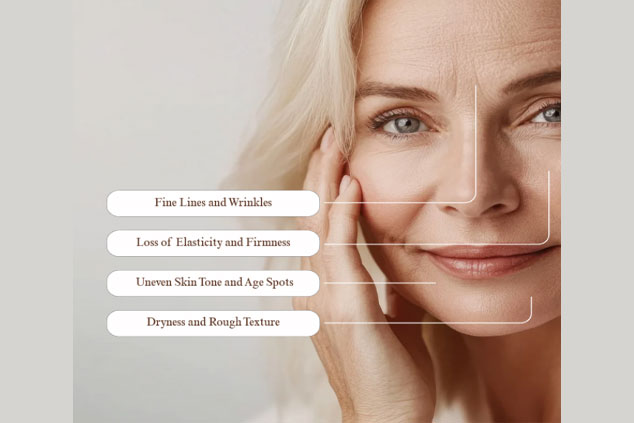 Close-up of a middle-aged woman’s face with labeled lines pointing to skin concerns: fine lines, loss of firmness, uneven tone, age spots, dryness, and rough texture.