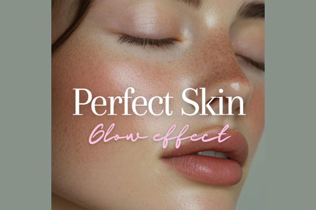 Close-up of a woman's face with smooth, glowing skin and closed eyes, overlaid text reads "Perfect Skin Glow effect" in white and pink font.